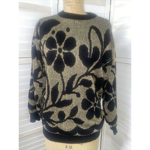 VINTAGE Jane Adams 80s Black Gold Oversized Sweater Preppy USA Made Sz Med / Lar - Picture 1 of 6